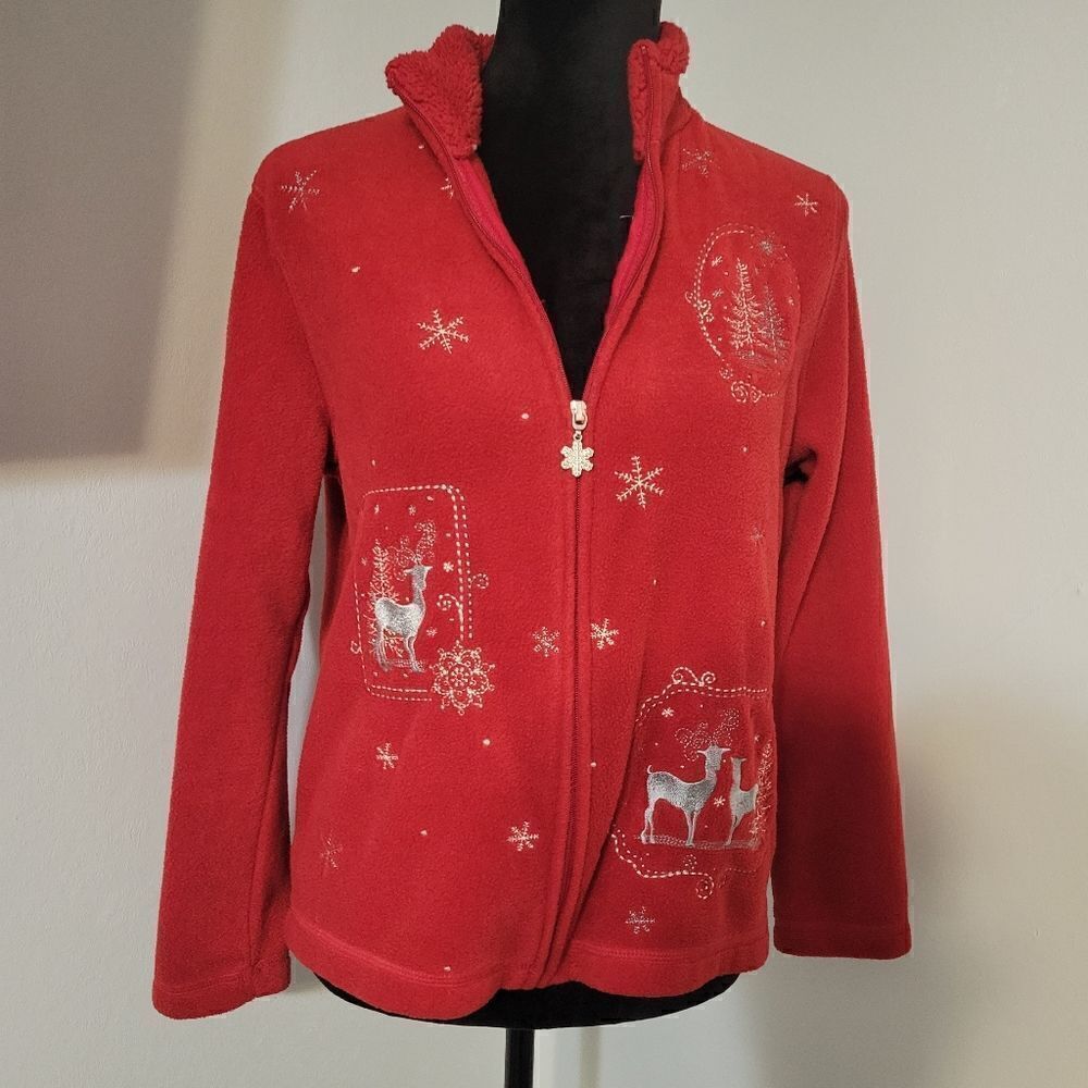 Croft & Barrow Red Long Sleeve Front Zip Holiday Fleece Jacket Size PS